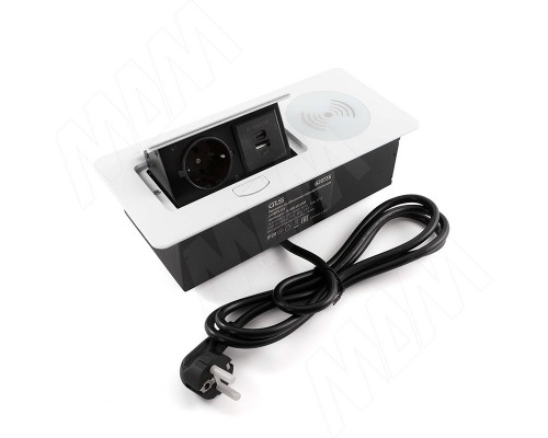 PULSE Выдвижной блок розеток, 265*118 мм, 1 розетка, USB, USB type-C, беспроводная зарядка, белый (RBS-S-2USB-CW-WT)