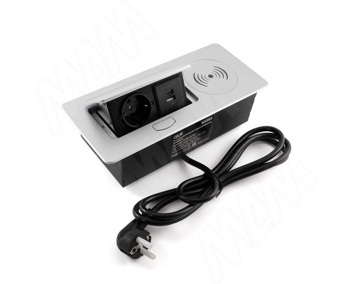 PULSE Выдвижной блок розеток, 265*118 мм, 1 розетка, USB, USB type-C, беспроводная зарядка, серебро (RBS-S-2USB-CW-SL)