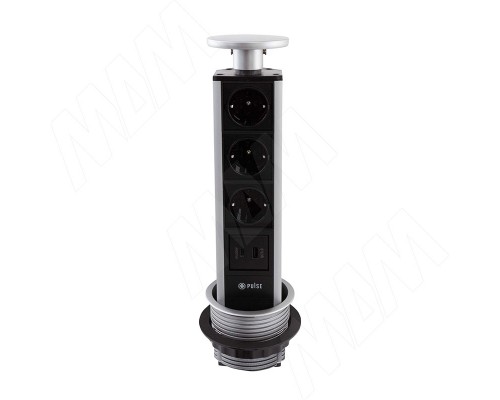 PULSE ПОСТ Выдвижной блок розеток, d=90 мм, 3 розетки, 1 USB, 1 USB Type-C, быстрая зарядка, серебро, POST (PO-90-3S1A1C-F-AL)