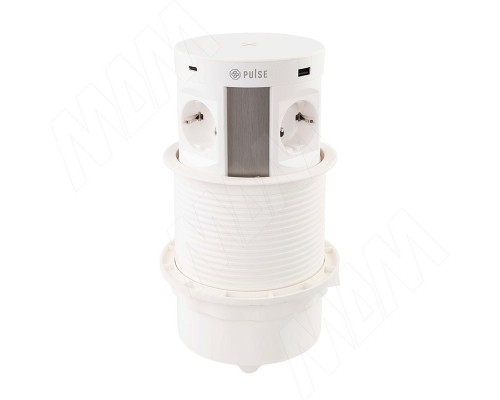 PULSE ПУФФ Выдвижной блок розеток, d=122 мм, 4 розетки, 2 USB, 2 USB Type-C, быстрая зарядка, беспроводная зарядка, белый, PUFF (PU-120-4S2A2C-FW-WH)