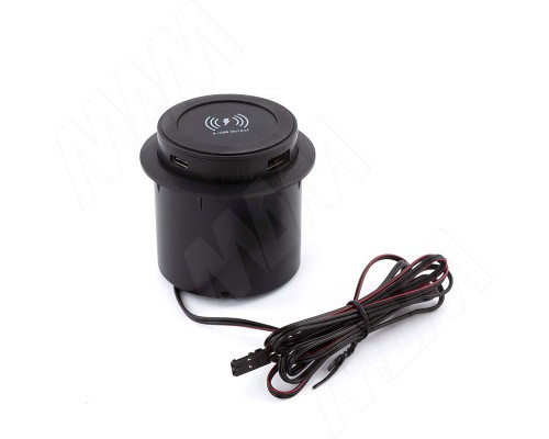 PULSE ПУФФ Выдвижной блок розеток, d=60 мм, 1 USB, 1 USB Type-C, 12V беспроводная зарядка, 15W, черный, PUFF (PU-60-1A1C-W-BL)