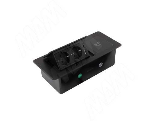 PULSE ПОП-АП Выдвижной блок розеток, 265*118 мм, 2 розетки, 1 USB, 1 USB Type-C, быстрая зарядка, беспроводная зарядка, черный, POP-UP (PU-S-2S1A1C-FW-BL)