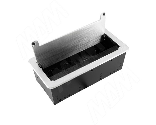 PULSE ФЛИП Блок розеток с откидной крышкой, 265*129 мм, 3 розетки, 1 USB, 1 USB Type-C, быстрая зарядка, серебро, FLIP (FU-S-3S1A1C-F-AL)