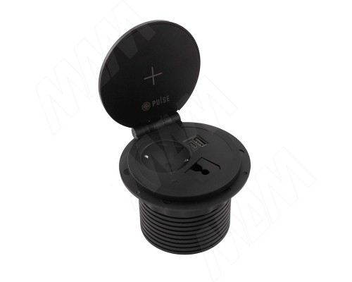 PULSE ФЛИП Блок розеток с откидной крышкой,  d=105 мм, 1 розетка, 1 USB, 1 USB Type-C,  быстрая зарядка, беспроводная зарядка, черный, FLIP (FU-80-1S1A1C-FWH-BL)