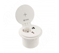 PULSE ФЛИП Блок розеток с откидной крышкой,  d=105 мм, 1 розетка, 1 USB, 1 USB Type-C,  быстрая зарядка, беспроводная зарядка, белый, FLIP (FU-80-1S1A1C-FWH-WH)