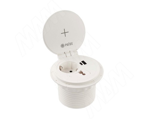 PULSE ФЛИП Блок розеток с откидной крышкой,  d=105 мм, 1 розетка, 1 USB, 1 USB Type-C,  быстрая зарядка, беспроводная зарядка, белый, FLIP (FU-80-1S1A1C-FWH-WH)