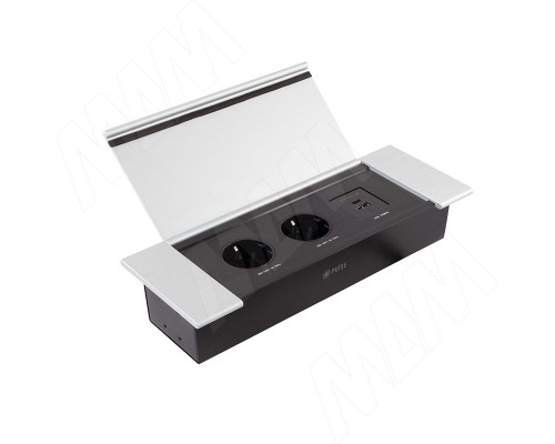 PULSE ФЛИП Блок розеток с откидной крышкой, 285*103 мм, 2 розетки, 1 USB, 1 USB Type-C, быстрая зарядка, серебро, FLIP (FU-S-2S1A1C-F-AL)