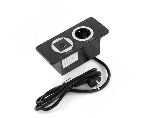 PULSE ДЕСК Открытый блок розеток,  188*80 мм, 1 розетка, 1 USB, 1 USB Type-C, быстрая зарядка, черный, DESK (DS-S-1S1A1C-F-BL)
