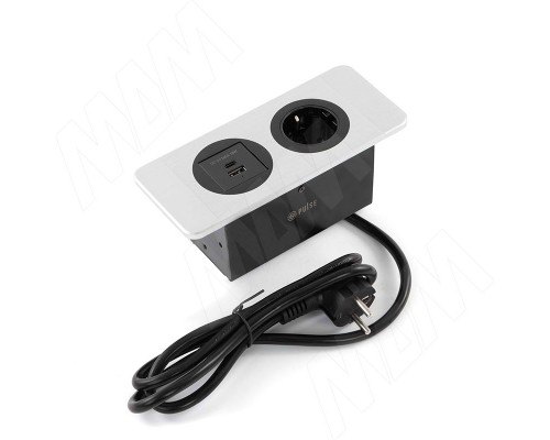 PULSE ДЕСК Открытый блок розеток,  188*80 мм, 1 розетка, 1 USB, 1 USB Type-C, быстрая зарядка, серебро, DESK (DS-S-1S1A1C-F-AL)