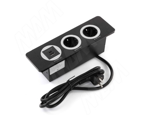 PULSE ДЕСК Открытый блок розеток, 254*80 мм, 2 розетки, 1 USB, 1 USB Type-C, быстрая зарядка, черный, DESK (DS-S-2S1A1C-F-BL)