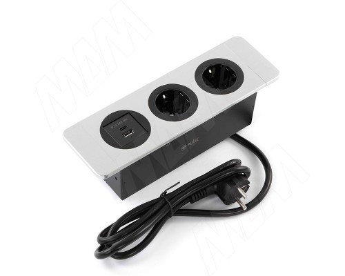 PULSE ДЕСК Открытый блок розеток, 254*80 мм, 2 розетки, 1 USB, 1 USB Type-C, быстрая зарядка, серебро, DESK (DS-S-2S1A1C-F-AL)