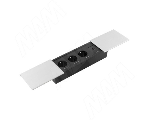 PULSE СЛАЙД Блок розеток с раздвижными крышками, 280х72 мм, 3 розетки, 1 USB, 1 USB Type-C, быстрая зарядка, серебро, SLIDE (SLS-S-3S1A1C-F2-Al)