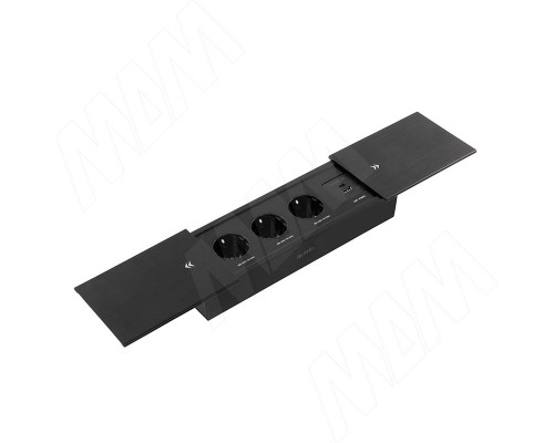 PULSE СЛАЙД Блок розеток с раздвижными крышками, 280х72 мм, 3 розетки, 1 USB, 1 USB Type-C, быстрая зарядка, черный, SLIDE (SLS-S-3S1A1C-F2-BL)