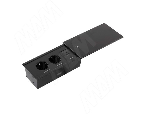 PULSE СЛАЙД Блок розеток со сдвижной крышкой, 190*100 мм, 2 розетки, 1 USB, 1 USB Type-C, быстрая зарядка, черный, SLIDE (SLS-S-2S1A1C-F-BL)