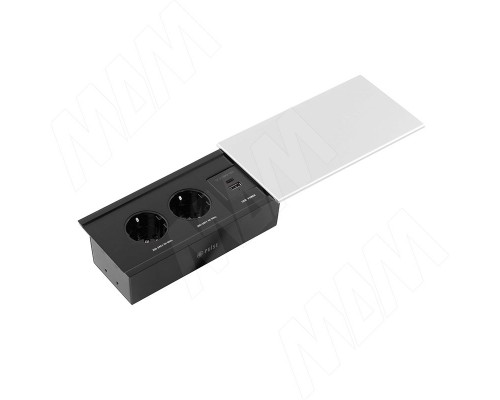 PULSE СЛАЙД Блок розеток со сдвижной крышкой, 190*100 мм, 2 розетки, 1 USB, 1 USB Type-C,  быстрая зарядка, серебро, SLIDE (SLS-S-2S1A1C-F-AL)