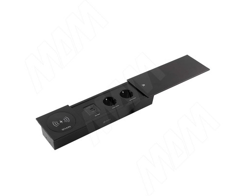 PULSE СЛАЙД Блок розеток со сдвижной крышкой, 350*100 мм, 2 розетки, 1 USB, 1 USB Type-C, быстрая зарядка, беспроводная зарядка, черный, SLIDE (SLS-S-2S1A1C-FW-BL)