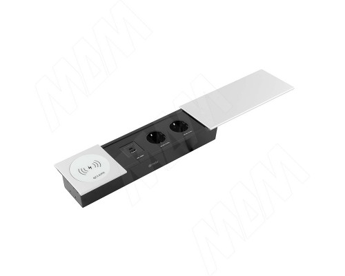 PULSE СЛАЙД Блок розеток со сдвижной крышкой, 350*100 мм, 2 розетки, 1 USB, 1 USB Type-C, быстрая зарядка, беспроводная зарядка, серебро, SLIDE (SLS-S-2S1A1C-FW-AL)