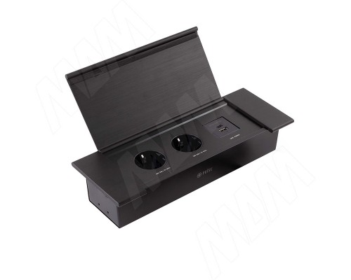 PULSE ФЛИП Блок розеток с откидной крышкой, 280*103 мм, 2 розетки, 1 USB, 1 USB Type-C, быстрая зарядка, черный, FLIP (FU-S-2S1A1C-F-BL)